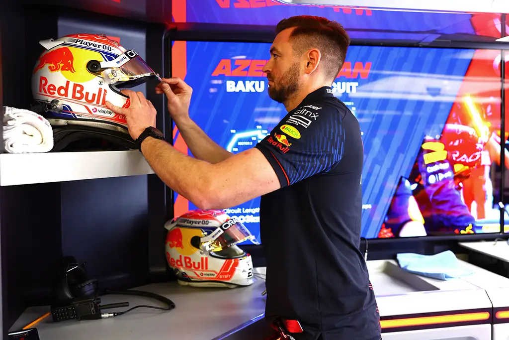 Azerbaijan Grand Prix - Bradley Scanes prepares Red Bull's Max Verstappen's helmet and visor for the race in Baku