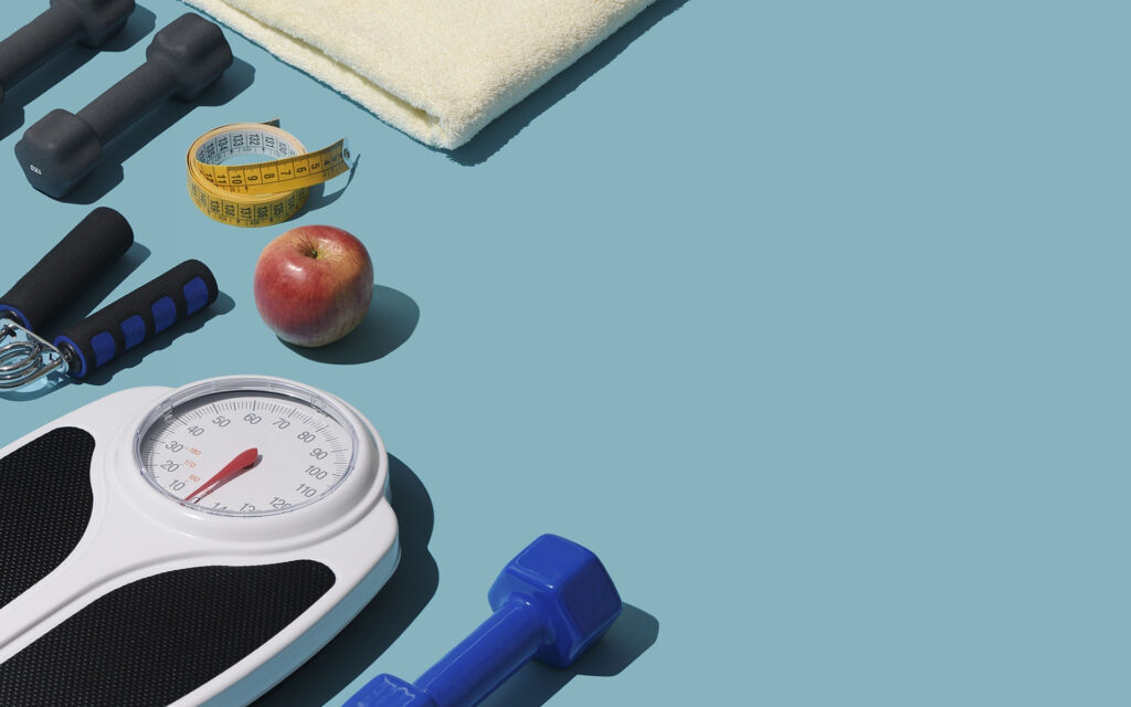 Workout, weight loss and fitness equipment with blank copy space, healthy lifestyle and sports concept